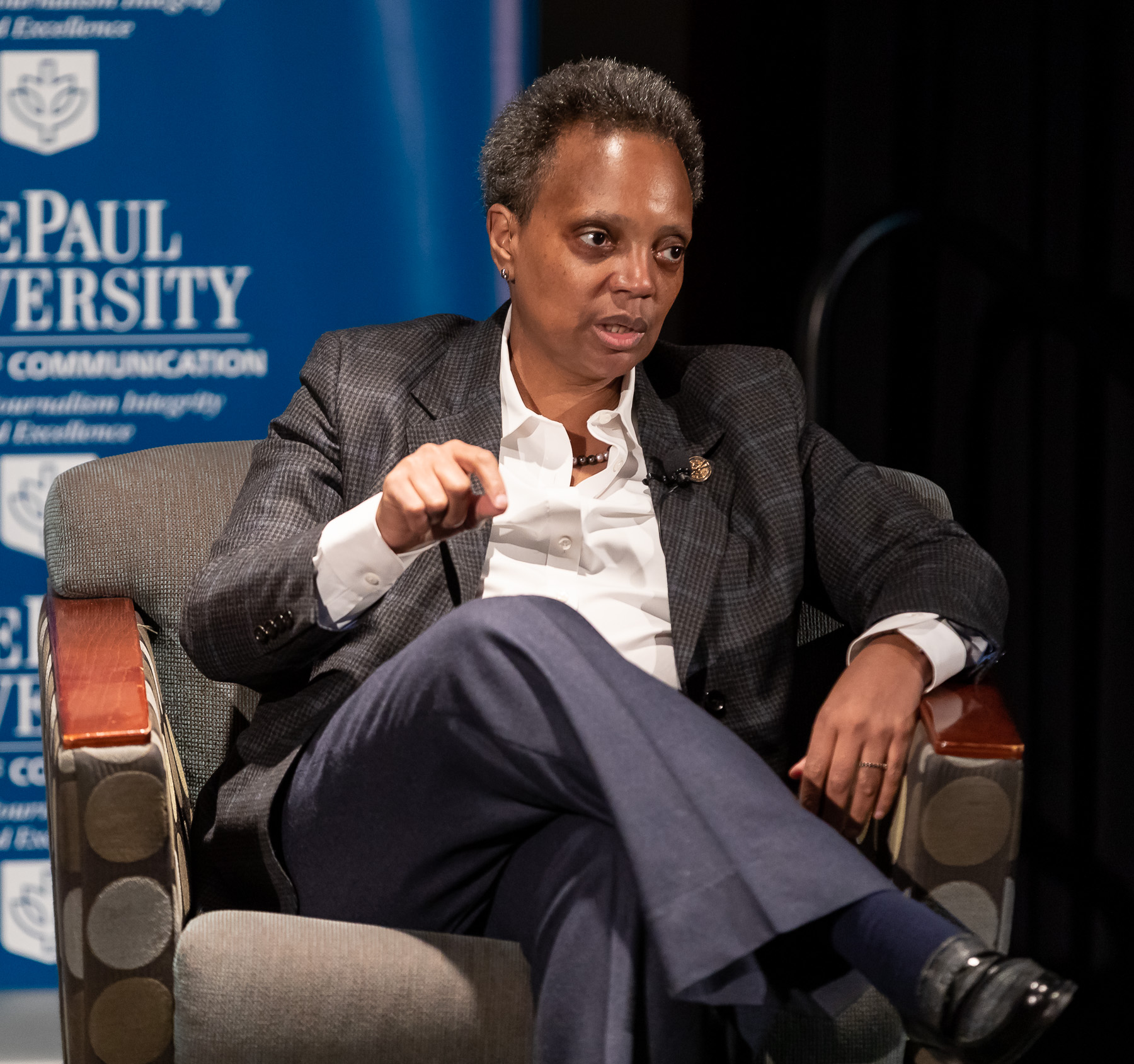 Chicago Mayor Lori Lightfoot reacts to a question during a forum with DePaul University journalism and public relations students. (DePaul University/Jeff Carrion)